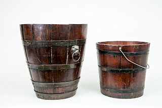Metal-Banded Oak Bucket and a Metal-Banded Pine Bucket with Swing Handle