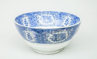 Staffordshire Blue Transfer-Printed Porcelain Punch Bowl