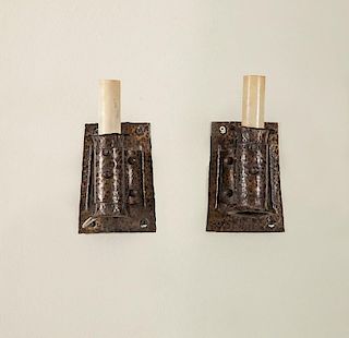 Pair of Arts and Crafts Hammered Copper Single-Light Wall Sconces
