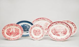 Group of Three Pink Transfer-Printed Historical America Platters and a Plate, Homer Laughlin