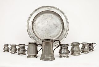 English Pewter Circular Platter and Nine Pewter Mugs