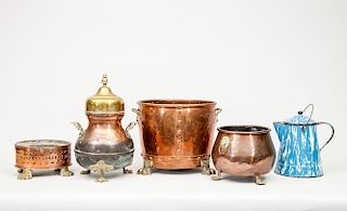 Group of Four Copper Articles and a Marbleized Enamel Coffee Can