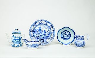 Staffordshire Blue Transfer-Printed Plate British Scenery, Staffordshire Creamer and Gravy Boat, and a Canton Hexagonal Bowl and Coffee Pot and Cover