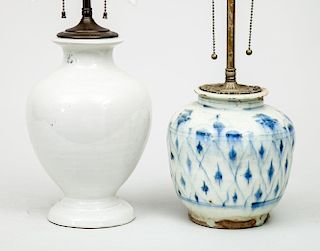 Modern Chinese Ivory-Glazed Pottery Lamp, and a Turkish Blue and White Pottery Lamp