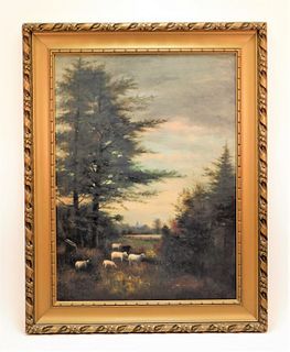 American Barbizon School Sheep in Meadow Painting