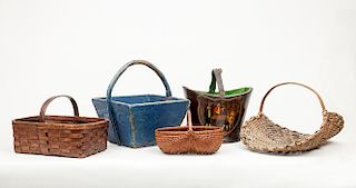 English Painted Leather Pail, a Blue Painted Square Wooden Basket, a Woven Splint Basket, and Two Other Baskets
