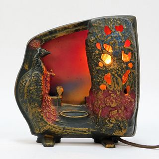 Brass Art Nouveau Cold Painted Peacock Lamp