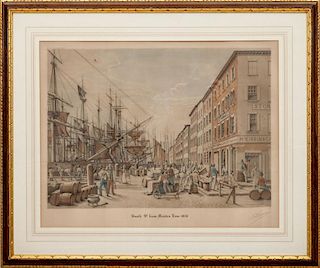 After Raoul Varin (1865-1943): Broadway, New York 1834; South Street from Maiden Lane 1828; and Printing House Square, New York 1864