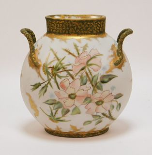 Jean Pouyat Limoges Porcelain Floral Handled Vase