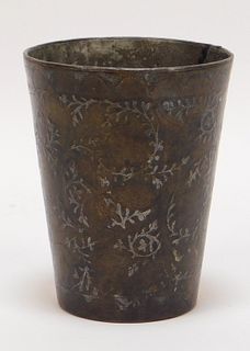 19C Persian Bronze Silver Inlaid Botanical Cup