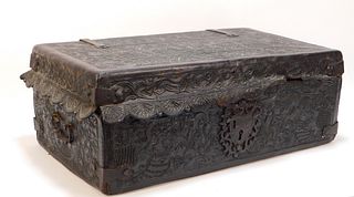 English Figural Tooled Leather Storage Trunk