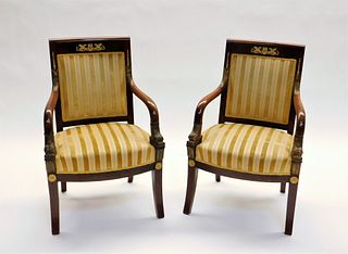 PR Mahogany and Brass Regency Style Arm Chairs