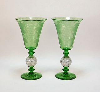 PR Pairpoint Etched Green Art Glass Vases
