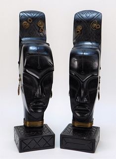 PR Carved Wood African Figural Bust Bookends