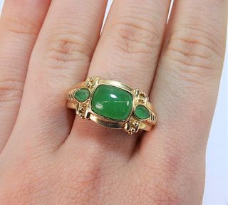 Chinese 14K Gold Three Stone Jadeite Ring