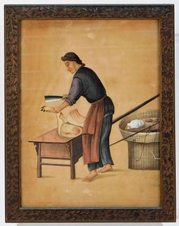 19C Chinese Butcher Scene Pith Painting
