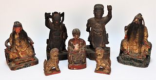 7 Chinese Carved Gilt Wood Warrior Deity Statues
