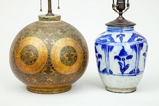 Kashmiri Lacquer Lamp and a Turkish Blue and White Pottery Lamp