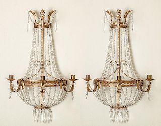 Pair of Empire Style Cut-Glass-Mounted Gilt-Metal Three-Light Sconces