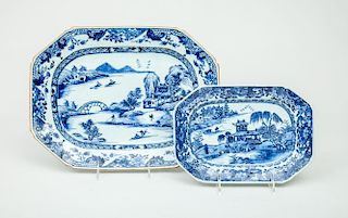 Two Chinese Export Blue and White Porcelain Chamfered Rectangular Platters