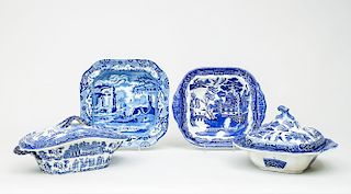 Pair of Staffordshire Stone China Vegetable Dishes, and One Cover, in the Willow Pattern