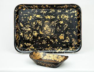 Victorian Black Lacquer Papier Mâché Tray and a Bread Tray