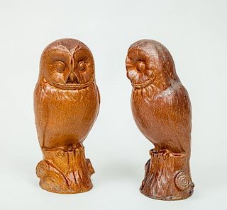Pair of Brown Glazed Pottery Figures of Owls