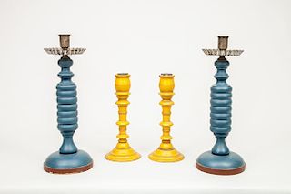 Two Pairs of Painted and Turned Wood Candlesticks