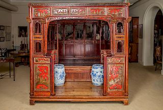 Large Chinese Red-Painted and Parcel-Gilt Pine Opium Bed