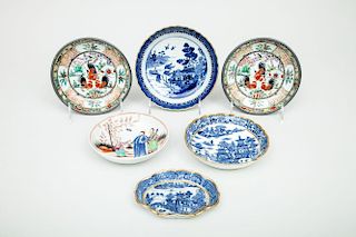 Three English Blue and White Porcelain Dishes, an English Dish with Chinese Figures and Two Modern Japanese Pewter-Mounted Porcelain Dishes