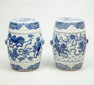 Two Similar Modern Chinese Blue and White Porcelain Barrel-Form Garden Stools