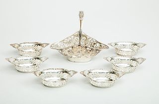 Set of Six Gorham Silver Nut Dishes, and a Gorham Basket with Swing Handle
