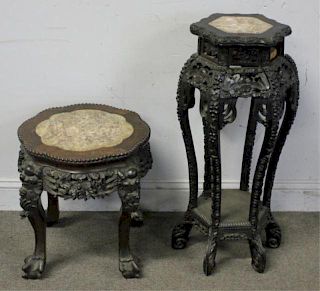 2 Chinese Carved Hardwood Tables with Marble
