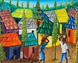 Gerard Valcin, (Haitian, 1925-1988), Untitled (Village Scene), 1972 and Untitled (Farmers), 1972 (a pair of works)