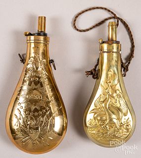 Two brass powder flasks