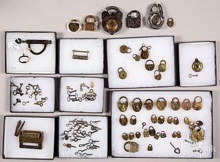 Collection of early locks, keys, winders, etc.