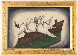 Folk art oil on canvas of two doves, 19th c.
