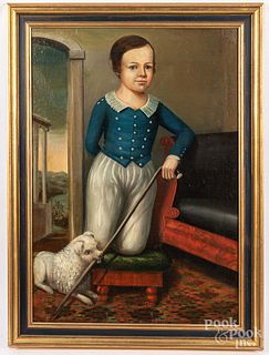 Oil on canvas portrait of a boy and dog