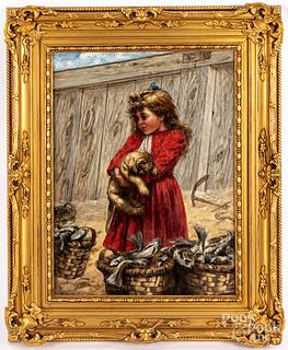 Oil on canvas portrait of a girl with dog
