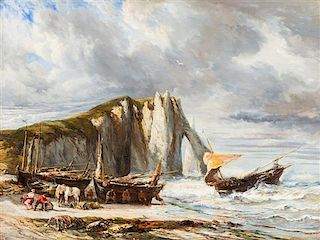 * Attributed to Louis Gabriel Eugène Isabey, (French, 1803-1886), Cliffs at Etreat