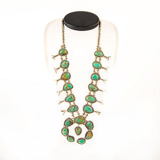 Native American Royston Turquoise Squash Blossom Necklace