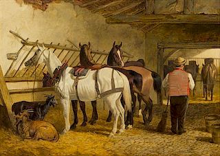 * John Frederick Herring the Elder, (British, 1795-1865), Stable Scene with Figures, Horses, and Goats, 1839