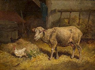 * Cornelis van Leemputten, (Belgian, 1841-1902), Sheep and Chicken in Barnyard