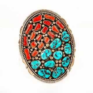 Native American Navajo Turquoise, Coral Silver Belt Buckle