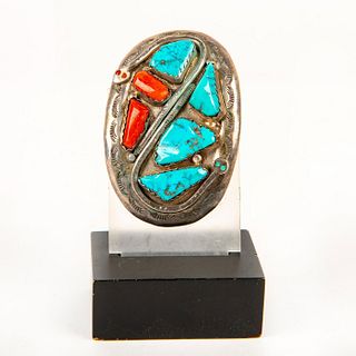 Native American Zuni Turquoise, Coral Silver Belt Buckle