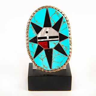 Native American Zuni Mosaic Sun Face Silver Buckle