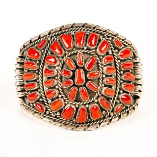 Native American Navajo Coral Petit Point Cluster Silver Cuff