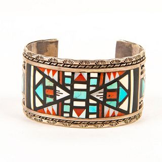 Native American Zuni Inlay Bracelet Sterling Silver Cuff