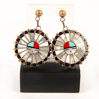 Pair, Native American Zuni Sunface Sterling Silver Earrings