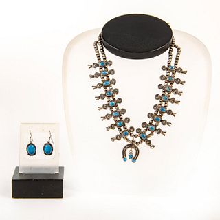Native American Navajo Squash Blossom Necklace + Earrings